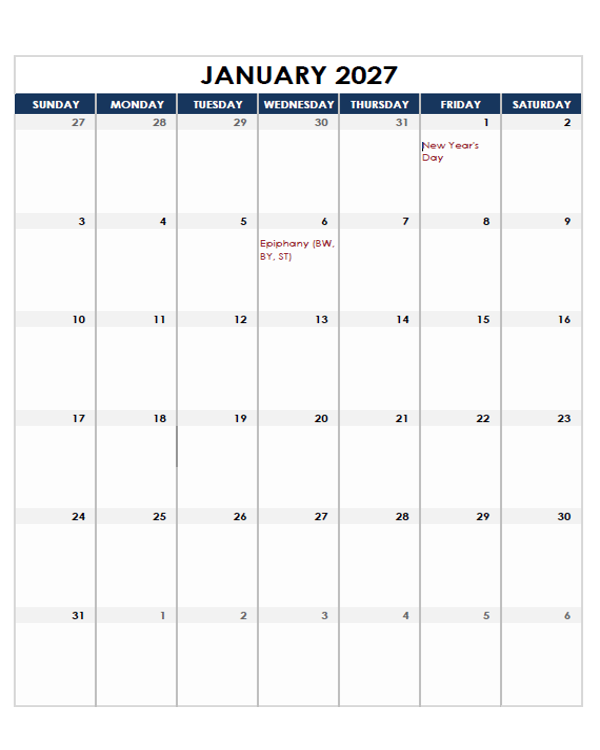 2027 Germany Calendar Spreadsheet Template
