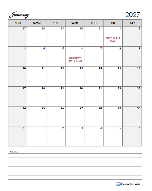 2027 Germany Calendar Template Large Boxes