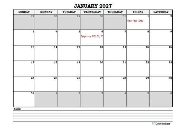 2027 Germany Monthly Calendar with Notes
