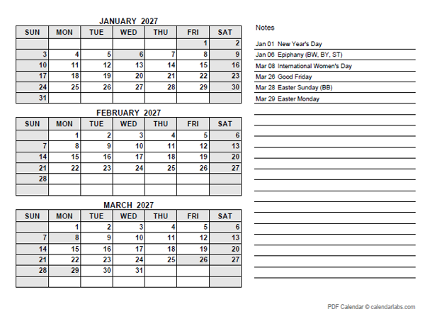 2027 Germany Quarterly Calendar with Holidays