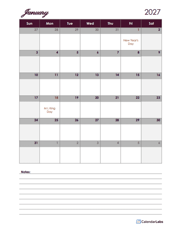 2027 Google Docs Calendar With Large Boxes