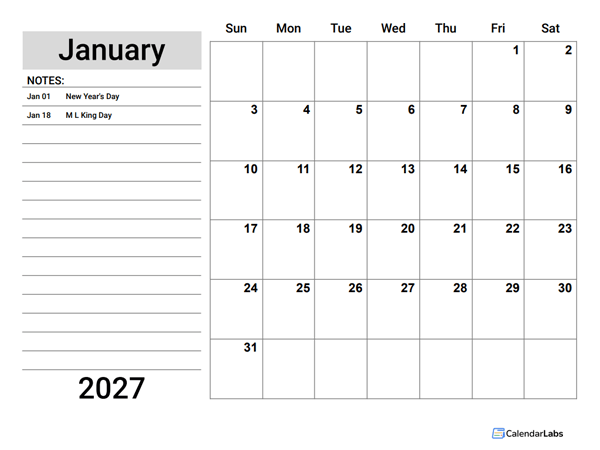 2027 Google Docs Planner With Holidays