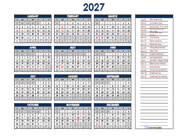 2027 Hong Kong Annual Calendar with Holidays