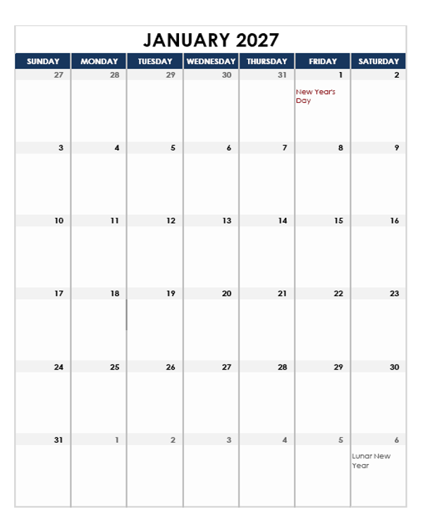 2027 Hong Kong Calendar Spreadsheet Template