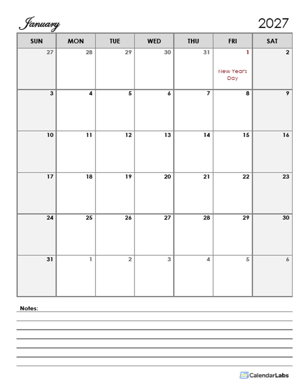2027 Hong Kong Calendar Template Large Boxes