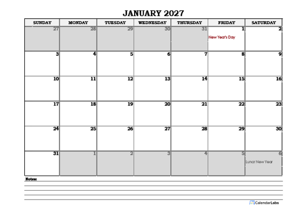 2027 Hong Kong Monthly Calendar with Notes