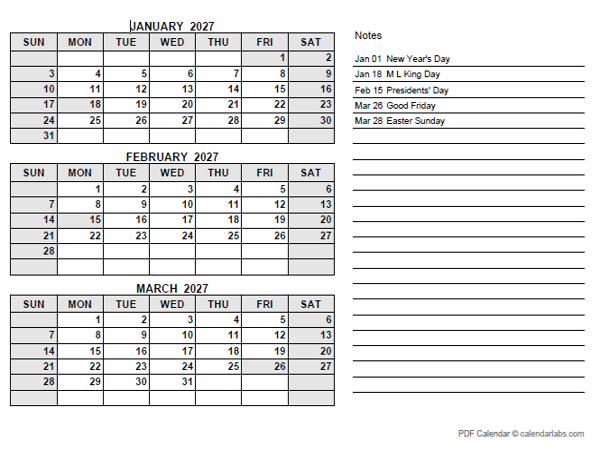 2027 Hong Kong Quarterly Calendar with Holidays