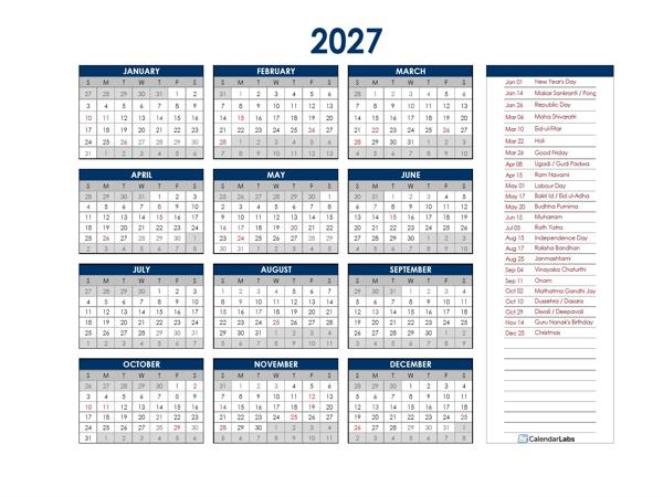 2027 India Annual Calendar with Holidays