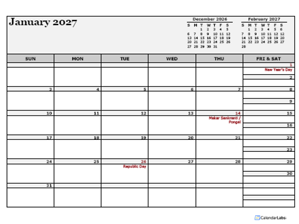 2027 India Calendar For Vacation Tracking
