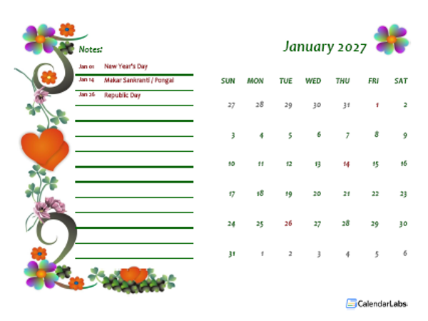 2027 India Calendar Free Printable Template