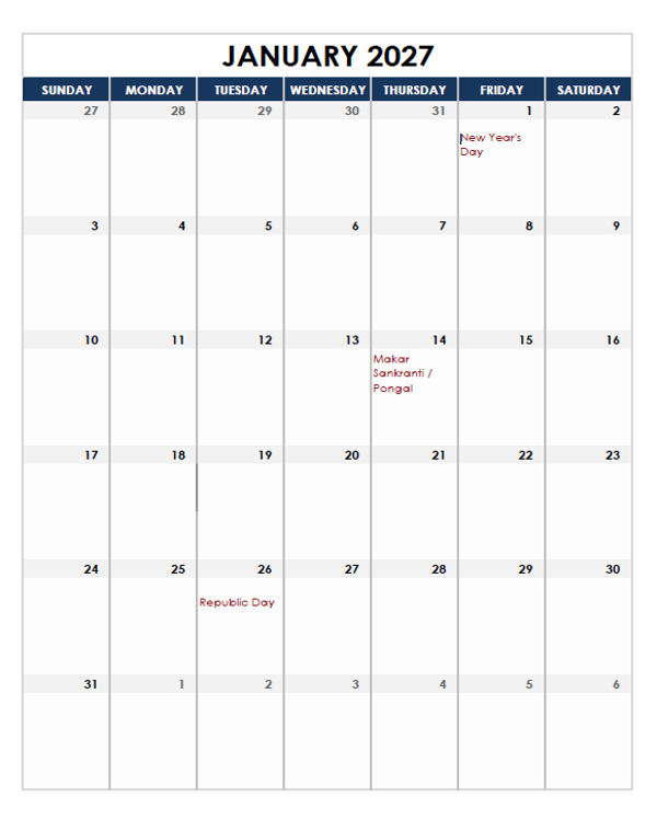 2027 India Calendar Spreadsheet Template