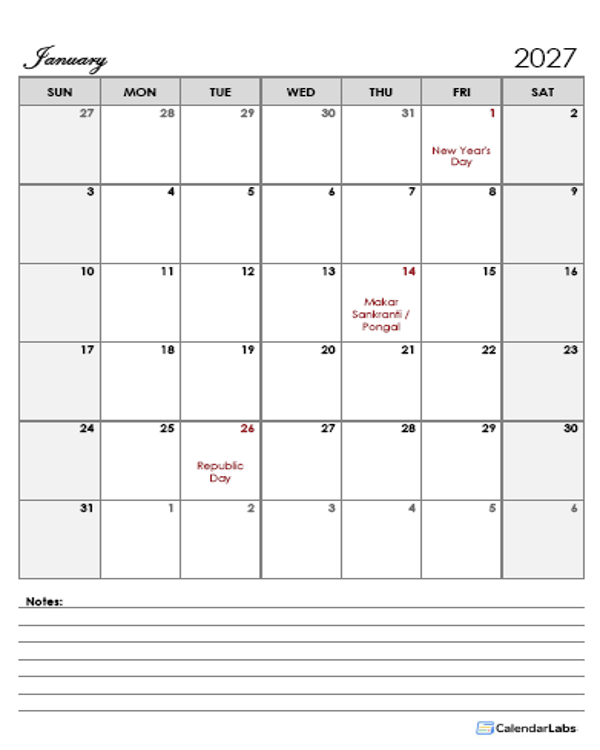 2027 India Calendar Template Large Boxes