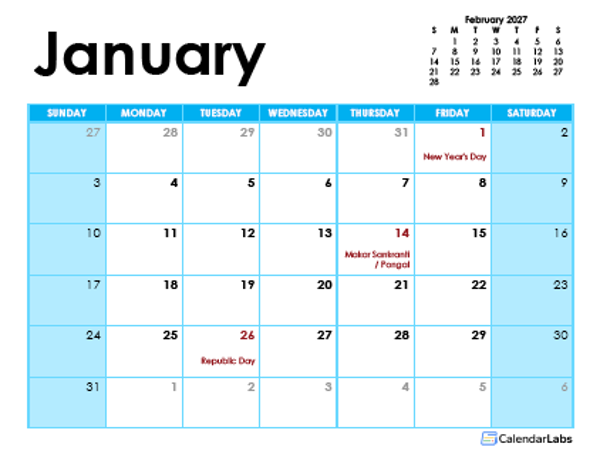 2027 India Monthly Calendar Colorful Design