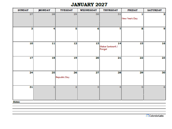 2027 India Monthly Calendar with Notes