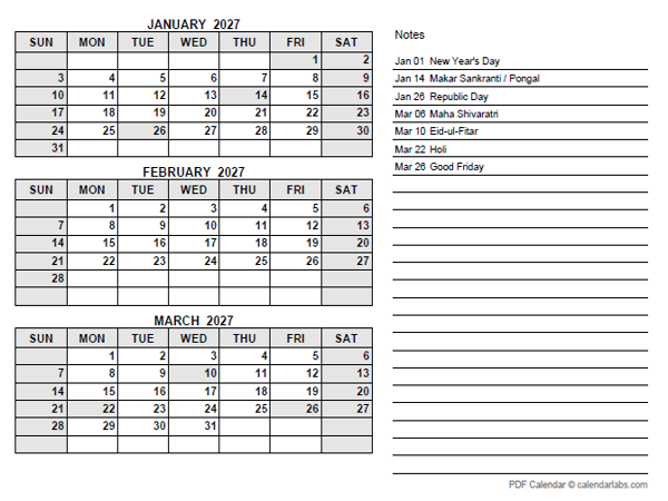 2027 India Quarterly Calendar with Holidays