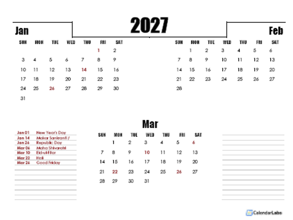2027 India Quarterly Planner Template