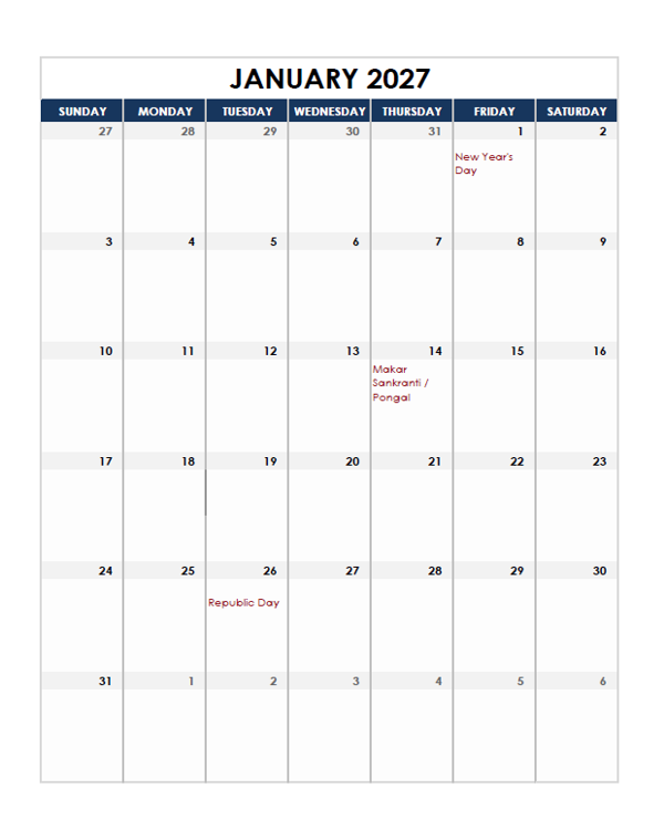 2027 Indonesia Calendar Spreadsheet Template