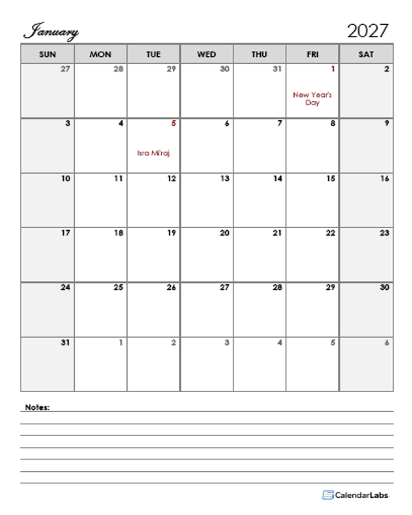2027 Indonesia Calendar Template Large Boxes
