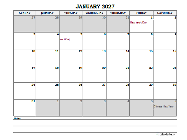 2027 Indonesia Monthly Calendar with Notes