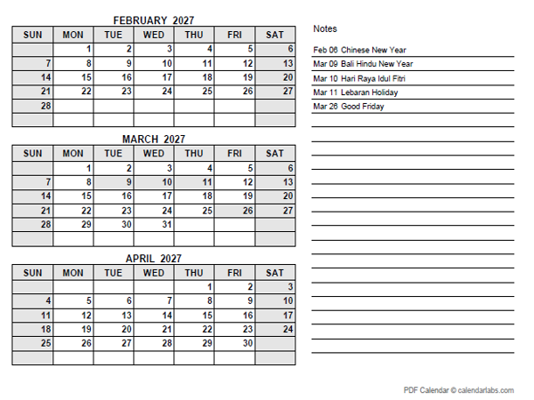 2027 Indonesia Quarterly Calendar with Holidays