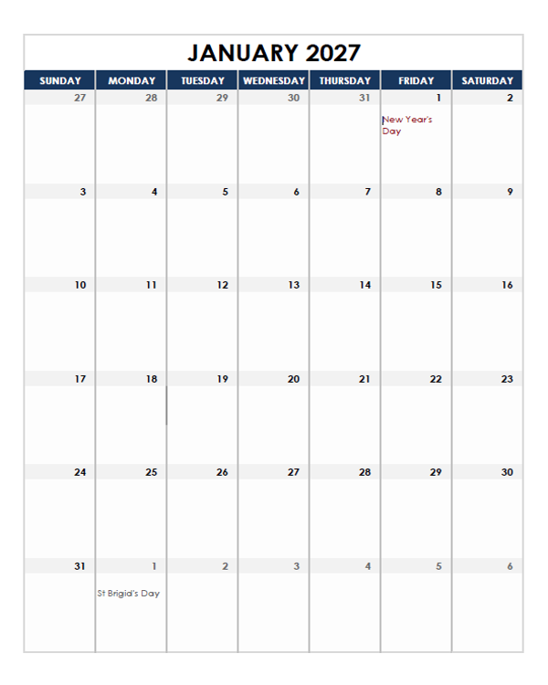 2027 Ireland Calendar Spreadsheet Template