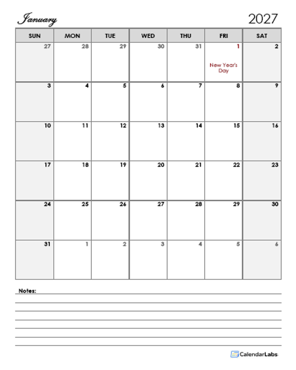 2027 Ireland Calendar Template Large Boxes