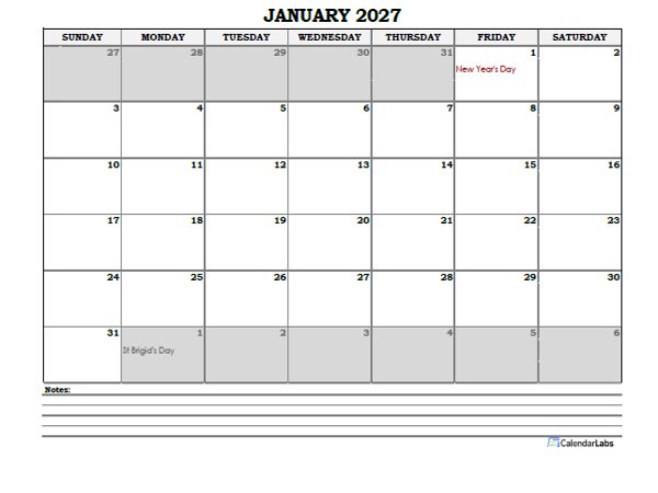2027 Ireland Monthly Calendar with Notes