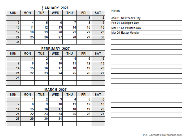 2027 Ireland Quarterly Calendar with Holidays