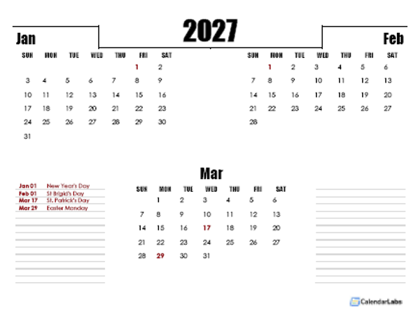 2027 Ireland Quarterly Planner Template