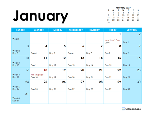 2027 Julian Monthly Calendar