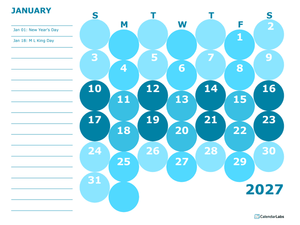 2027 Kids Monthly Calendar Colorful