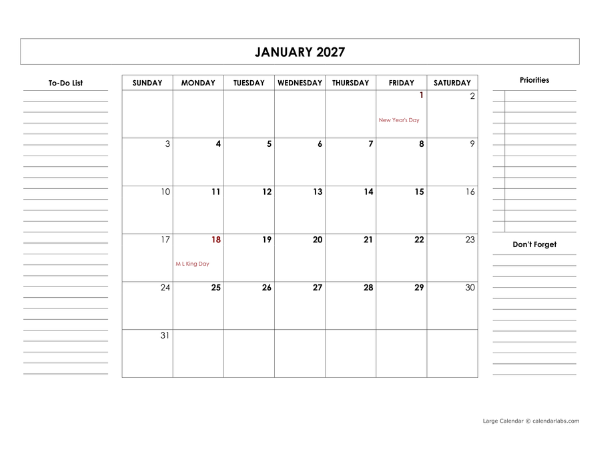 2027 Large Monthly Calendar With Holidays