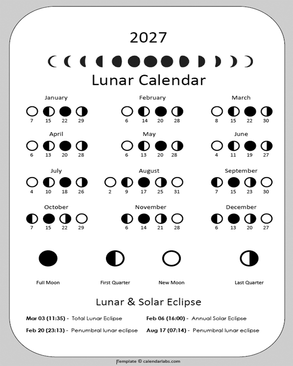 2027 Lunar Calendar Phases By Month