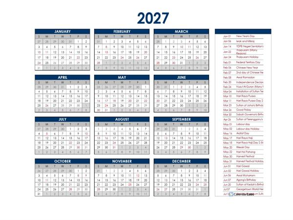 2027 Malaysia Annual Calendar with Holidays