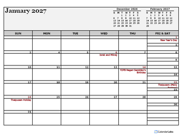 2027 Malaysia Calendar For Vacation Tracking