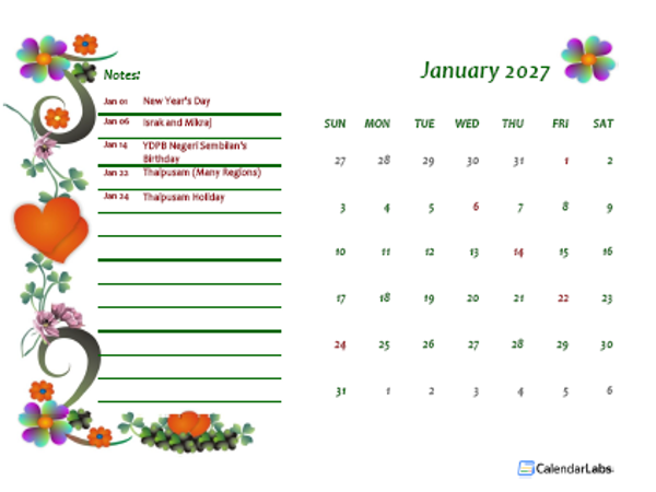 2027 Malaysia Calendar Free Printable Template