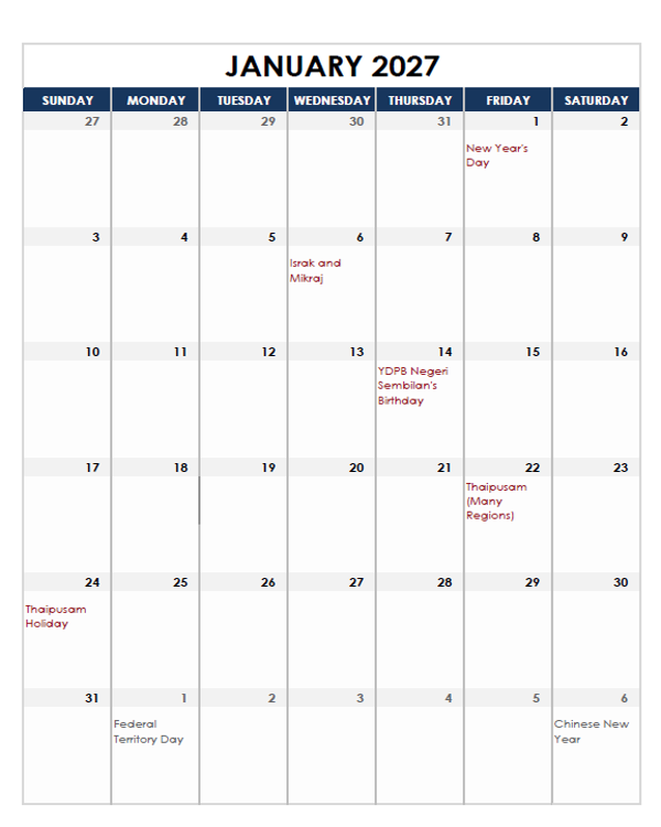2027 Malaysia Calendar Spreadsheet Template