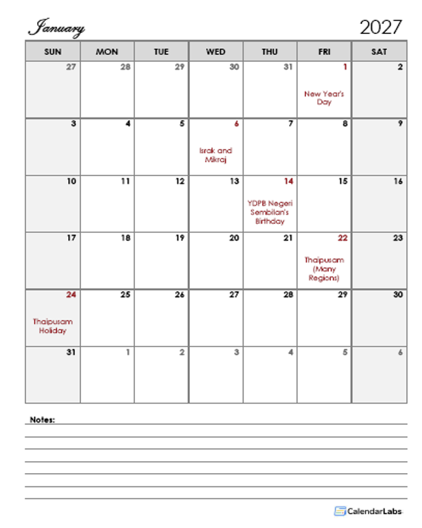2027 Malaysia Calendar Template Large Boxes