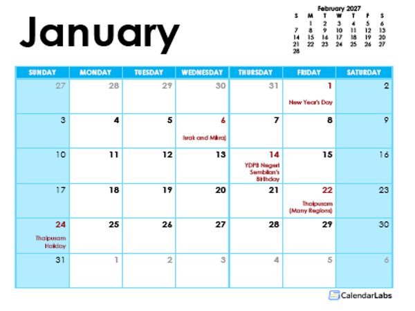 2027 Malaysia Monthly Calendar Colorful Design