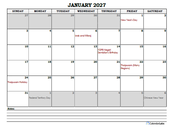 2027 Malaysia Monthly Calendar with Notes