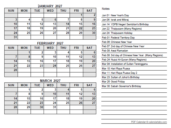 2027 Malaysia Quarterly Calendar with Holidays