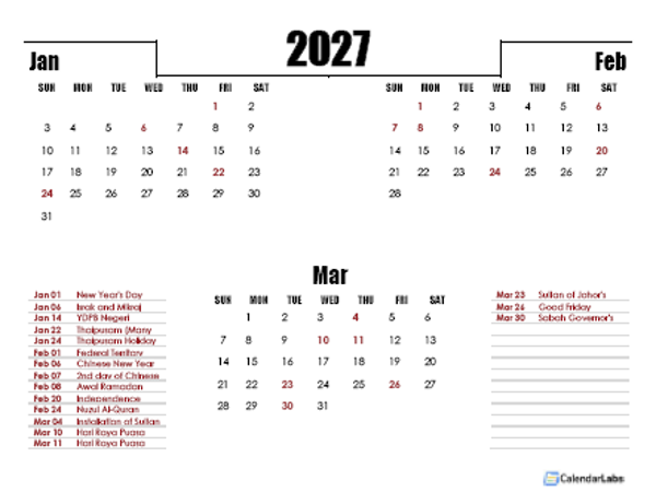 2027 Malaysia Quarterly Planner Template