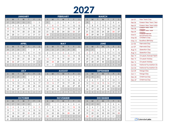 2027 Mexico Annual Calendar with Holidays