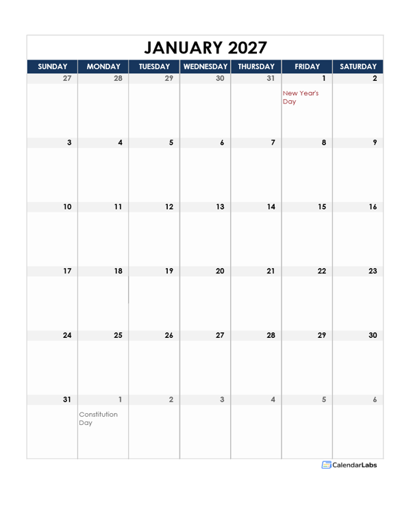 2027 Mexico Calendar Spreadsheet Template