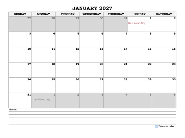 2027 Mexico Monthly Calendar with Notes