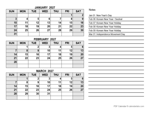 2027 Mexico Quarterly Calendar with Holidays