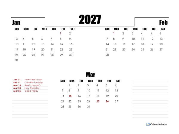 2027 Mexico Quarterly Planner Template