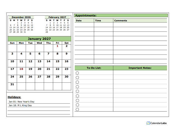 2027 Monthly Appointment Planner