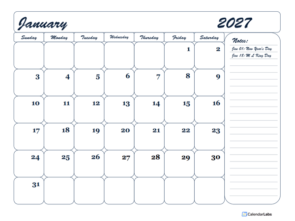 2027 Monthly Blank Calendar Template