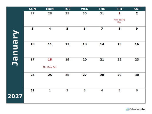 2027 Monthly Calendar Template